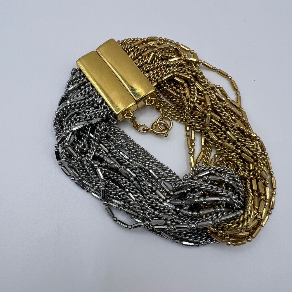 Vintage Two Tone Multi Strand Magnetic Clasp Bracelet Gold Silver Tone 7.5 Inch